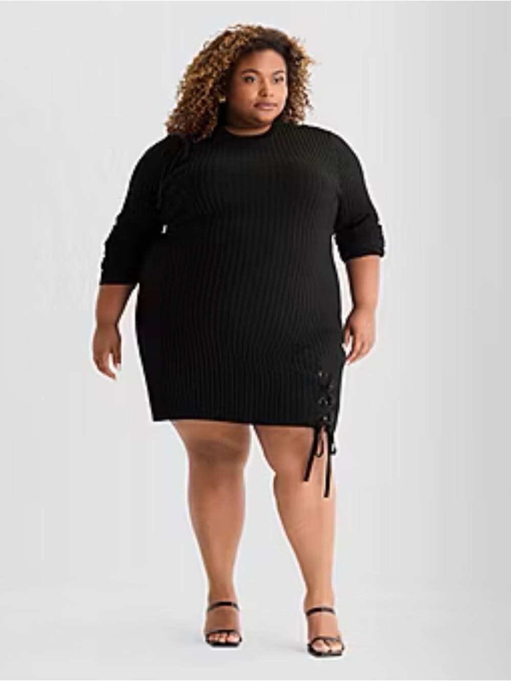 Ashley Graham Long Sleeve Black Ribbed Lace-Up Sweater Dress